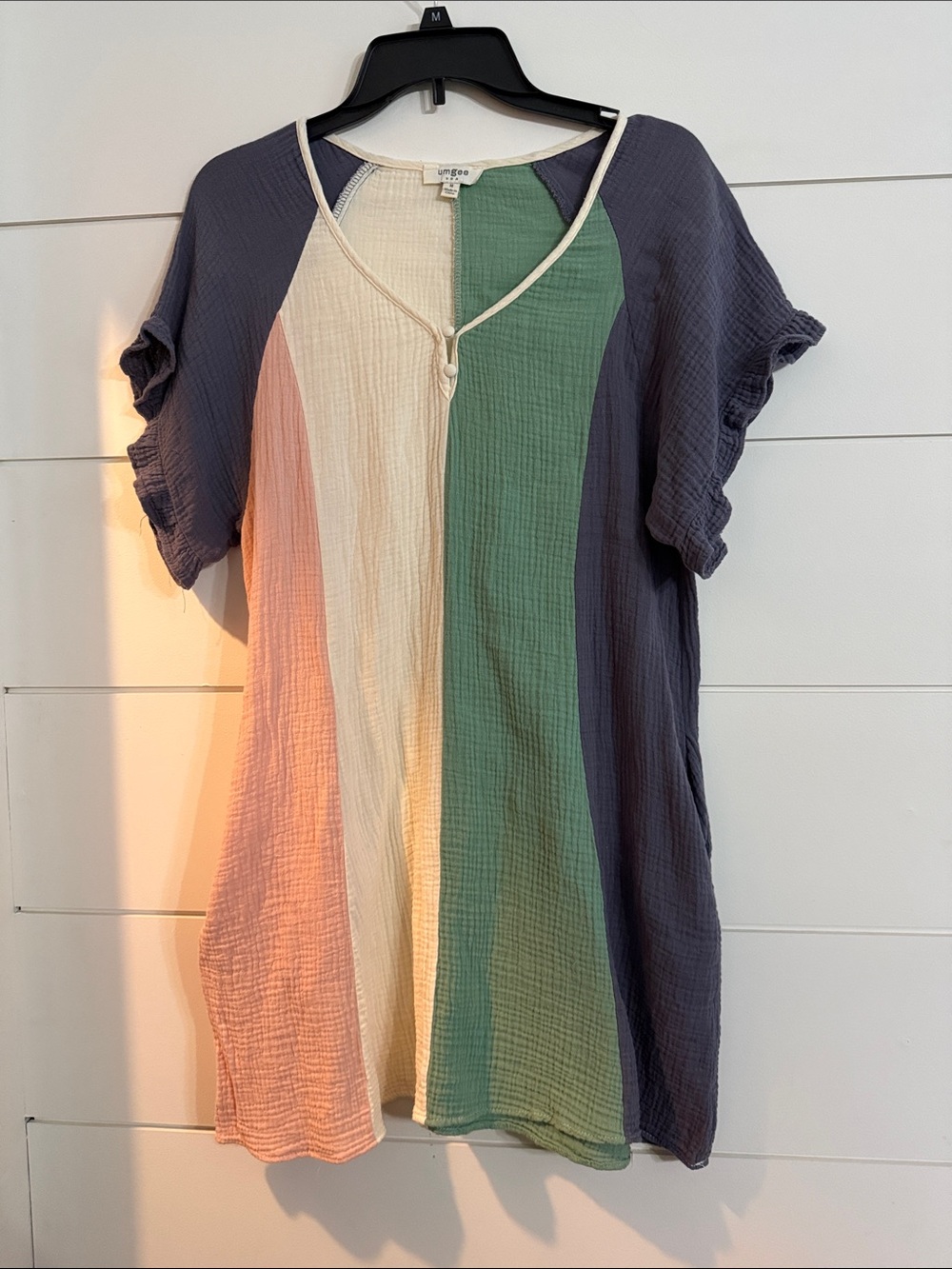 Umgee Multi-Panel Short Sleeve Dress in Green, Cream, Blush & Charcoal Medium